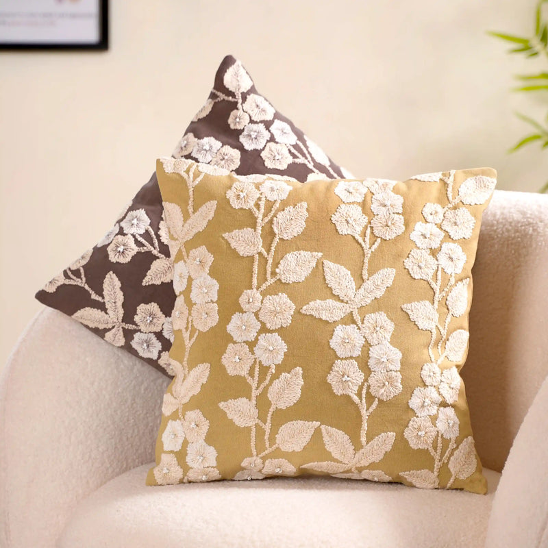 Threadwork Cotton Cushion Cover Yellow 16x16 Inch