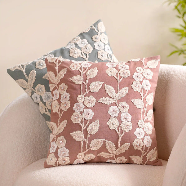Cotton Cushion Cover With Threadwork Pink 16x16 Inch
