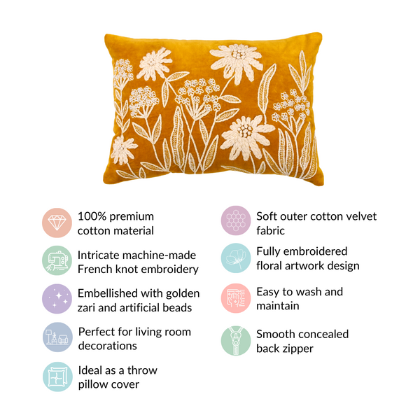 Yellow Spring Summer Embroidered Velvet Cushion Cover 20x14 Inch
