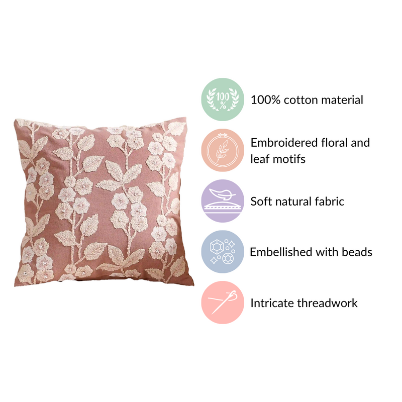Cotton Cushion Cover With Threadwork Pink 16x16 Inch