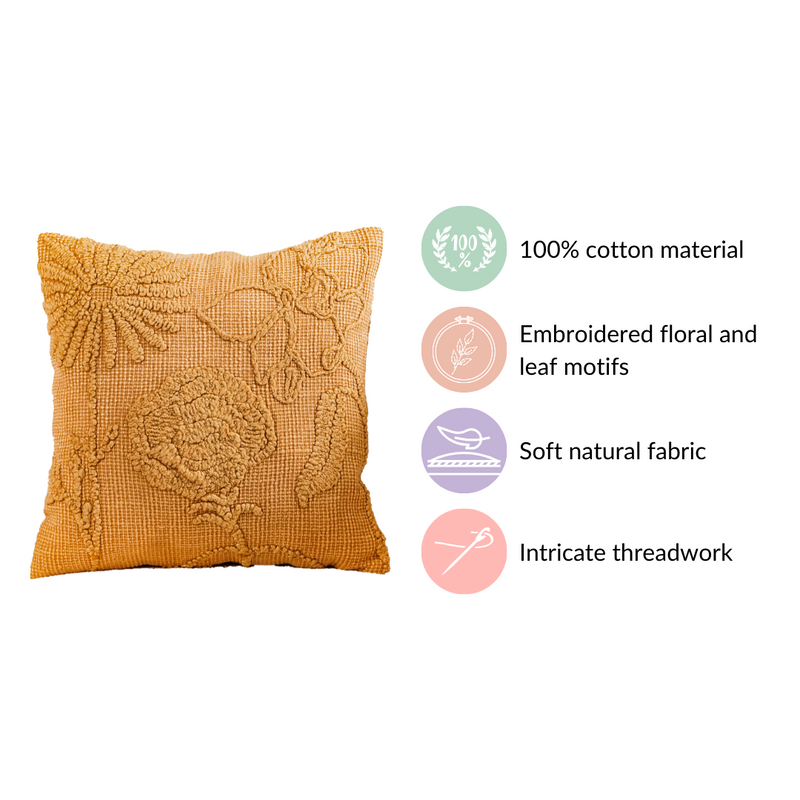 Hand-Emroidered Sofa Cushion Cover Yellow 16x16 Inch