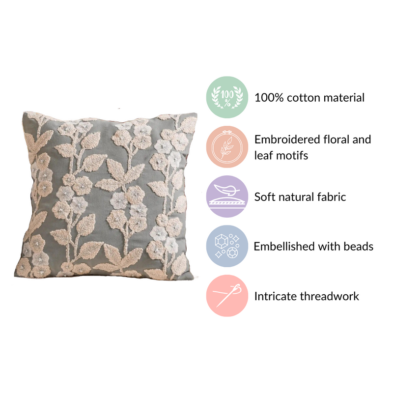 Floral Threadwork Cushion Cover Grey 16x16 Inch