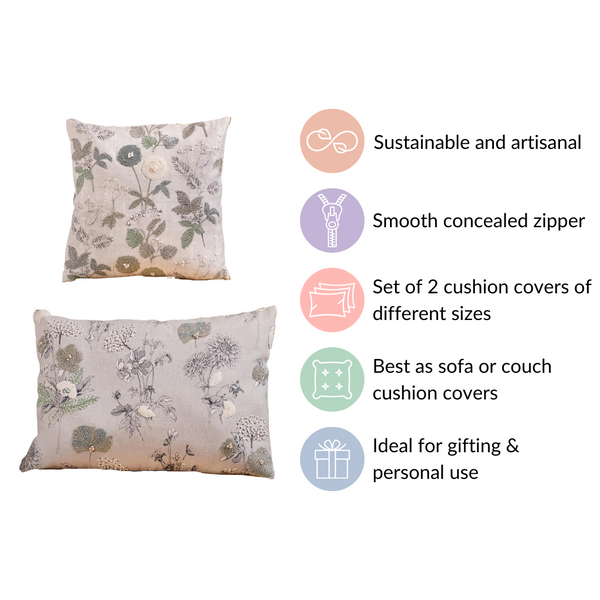 Set Of 2 Cotton Cushion Cover With Floral Embroidery
