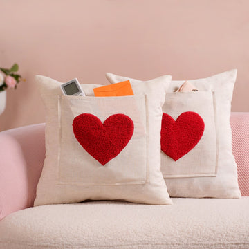 Set Of 2 Love Heart Linen Cushion Cover With Pocket 16x16 Inch