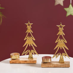 Set Of 2 Gold Christmas Tree Tea Light Holder