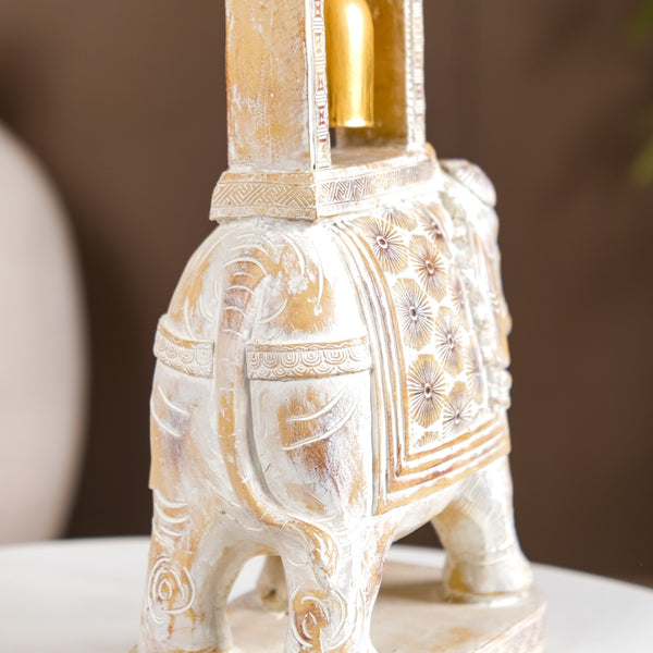 Decorated Elephant With Gold Bell Showpiece White