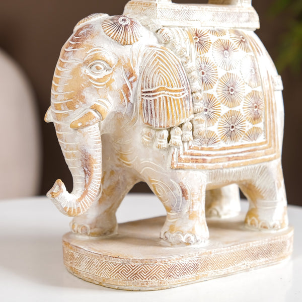 Decorated Elephant With Gold Bell Showpiece White