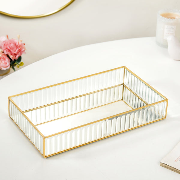 Fluted Mirror Glass Vanity Tray Large