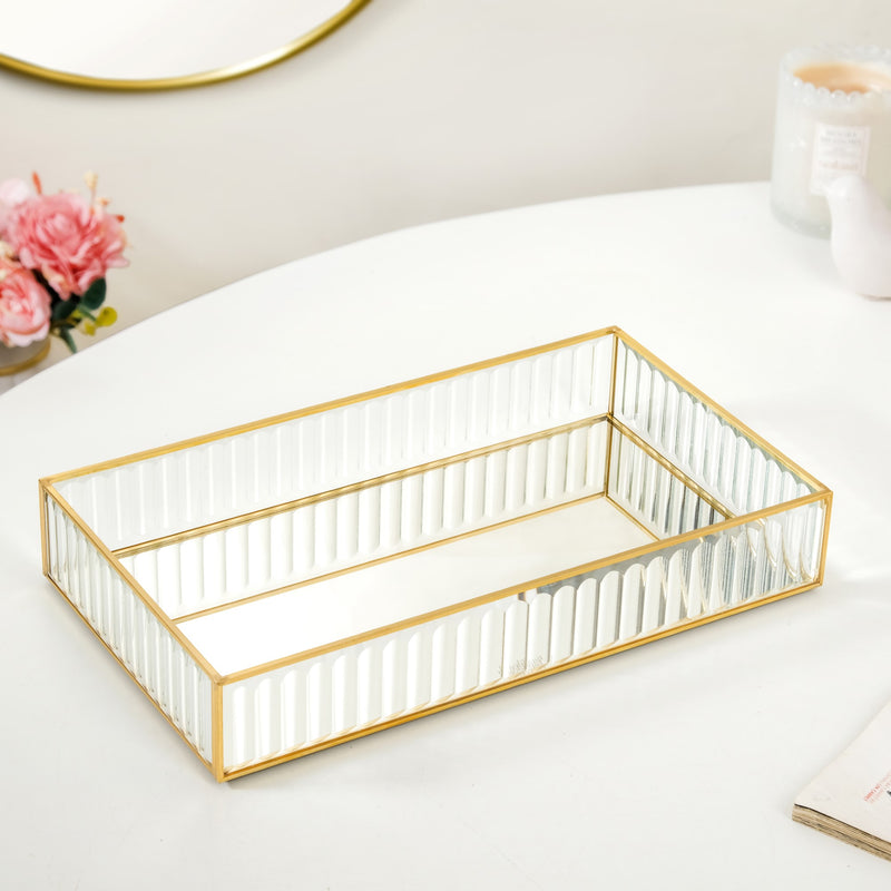 Fluted Mirror Glass Vanity Tray Large - Fluted Mirrored Glass Tray, Large Vanity Tray, Decorative Mirrored Tray