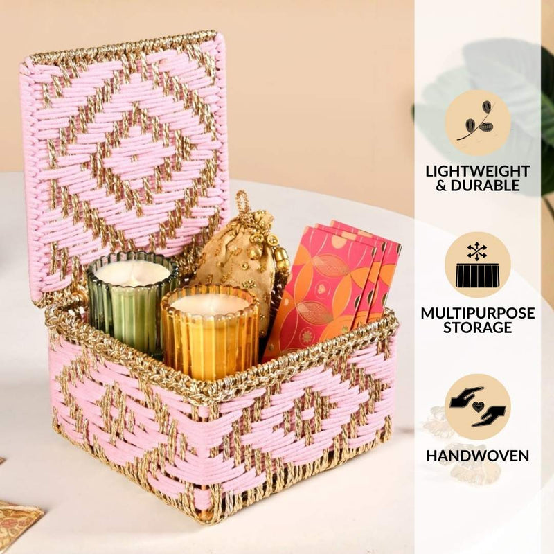 Decorative Multipurpose Handwoven Basket Gold And Pink