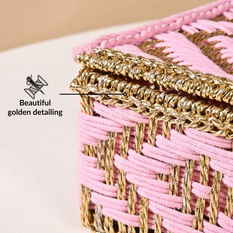 Decorative Multipurpose Handwoven Basket Gold And Pink