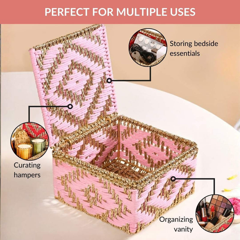 Decorative Multipurpose Handwoven Basket Gold And Pink