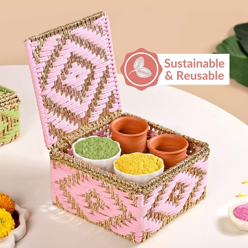 Decorative Multipurpose Handwoven Basket Gold And Pink