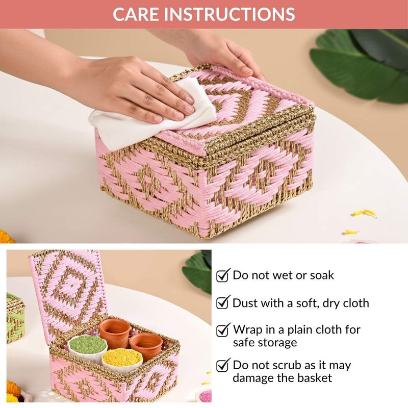 Decorative Multipurpose Handwoven Basket Gold And Pink