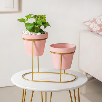 Decorative Two Tier Pink Planters With Gold Stand