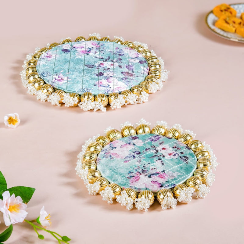 Pearls Decorative Round Trivet Mat Set Of 2 Green