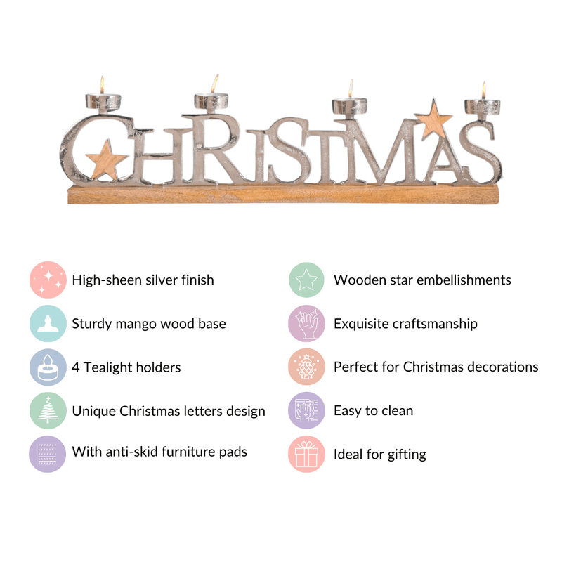 Christmas Lettering Tea Light Holder With Wooden Base Large- Christmas Lettering Tea Light Holder, Festive Tea Light Decor, Christmas Candle Holder