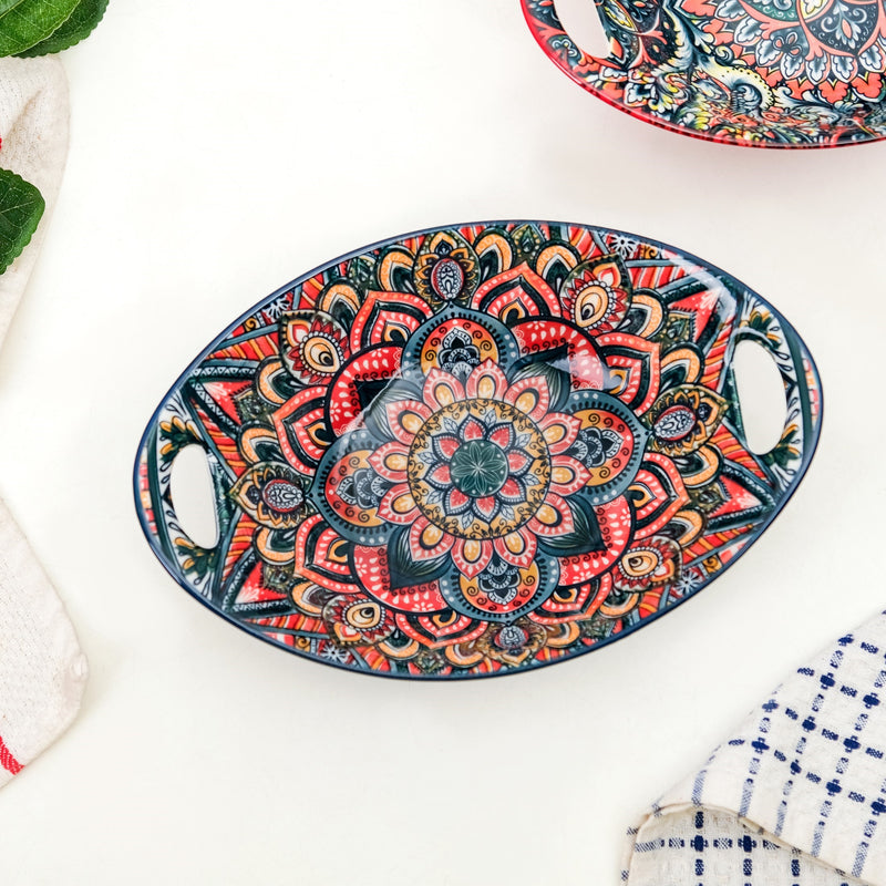 Deep Blue Mandala Ceramic Long Dish With Handles 400ml