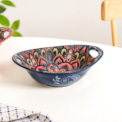 Deep Blue Mandala Ceramic Long Dish With Handles 400ml