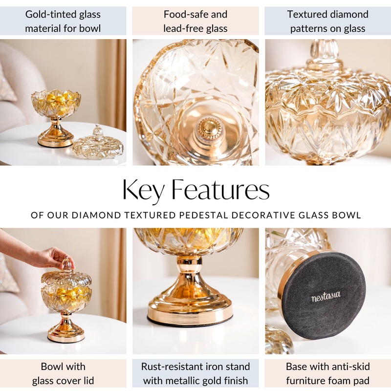 Diamond Textured Pedestal Decorative Glass Bowl