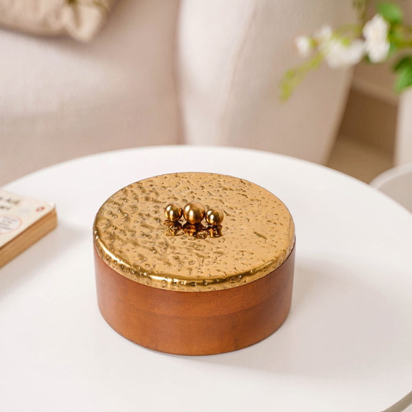 Polished Wood Round Decorative Box With Metal Lid 6 Inch