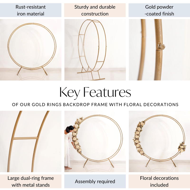 Gold Rings Backdrop Metal Frame With Floral Decorations 99 Inch - Metal Frame With Floral Decorations, Metal Backdrop, Gold Rings Backdrop, Decorative Metal Frame