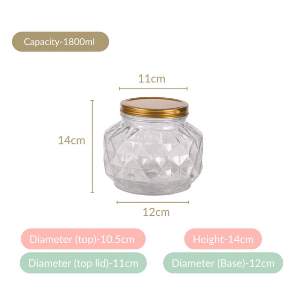 Diamond Airtight Glass Kitchen Jar Set Of 2 For Cookies Snacks 1800ml