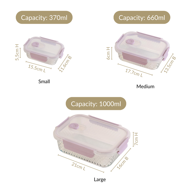 Glowo Airtight Food Containers With Air Vents Set Of 3 370ml 660ml 1000ml
