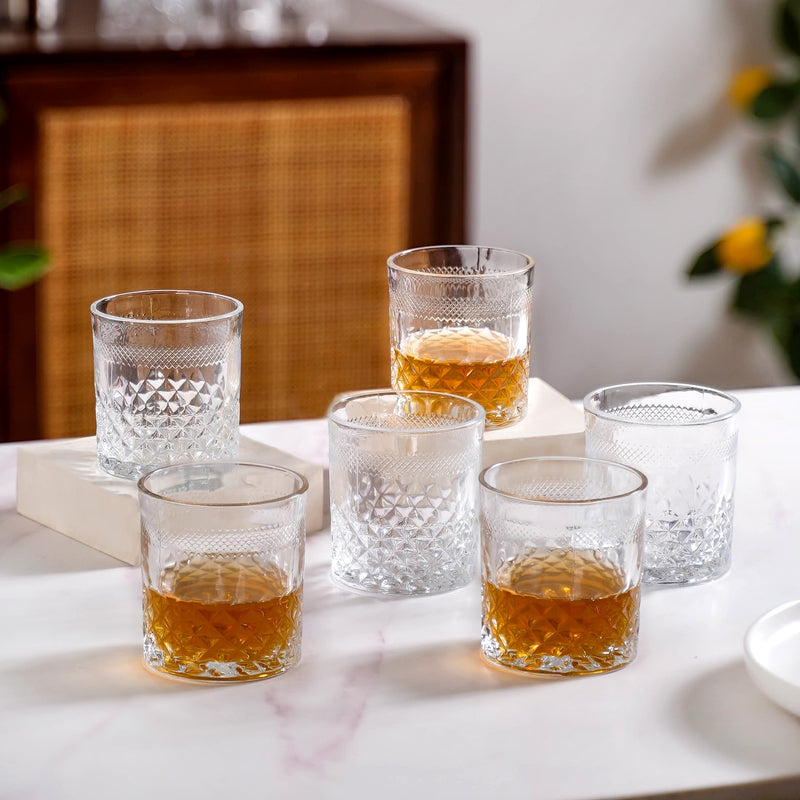 Premium Diamond Embossed Whiskey Tumbler Glass Set Of 6 240ml