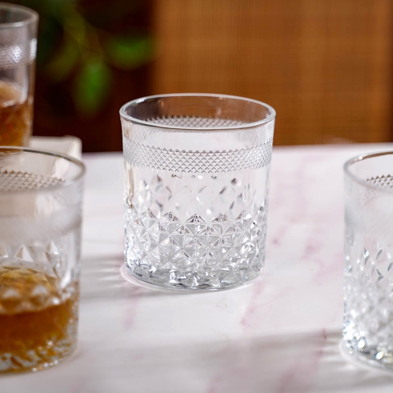Premium Diamond Embossed Whiskey Tumbler Glass Set Of 6 240ml