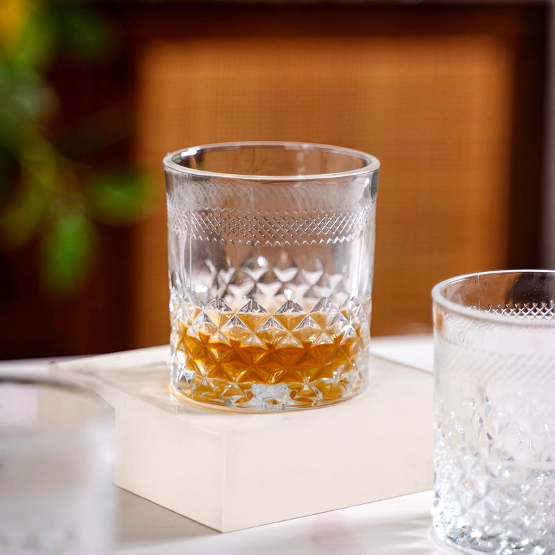 Premium Diamond Embossed Whiskey Tumbler Glass Set Of 6 240ml