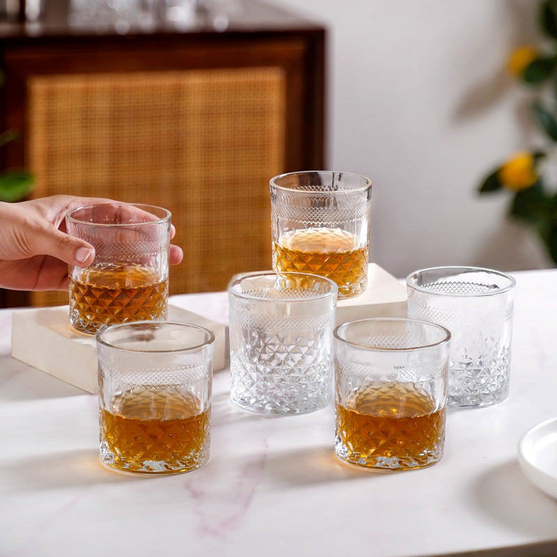 Premium Diamond Embossed Whiskey Tumbler Glass Set Of 6 240ml