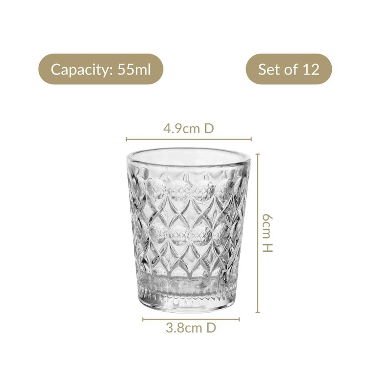 Diamond Embossed Shot Glass Set Of 12 55ml