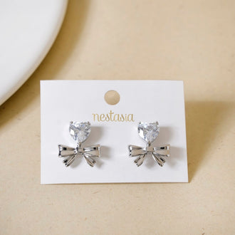 Diamond Heart Bow Drop Earrings Silver