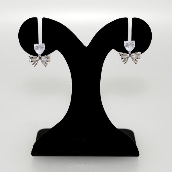 Diamond Heart Bow Drop Earrings Silver