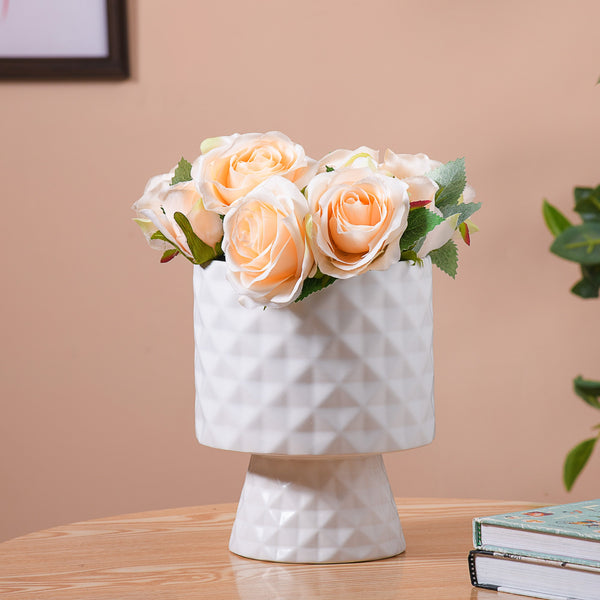 Diamond Textured Ceramic Flower Pot White