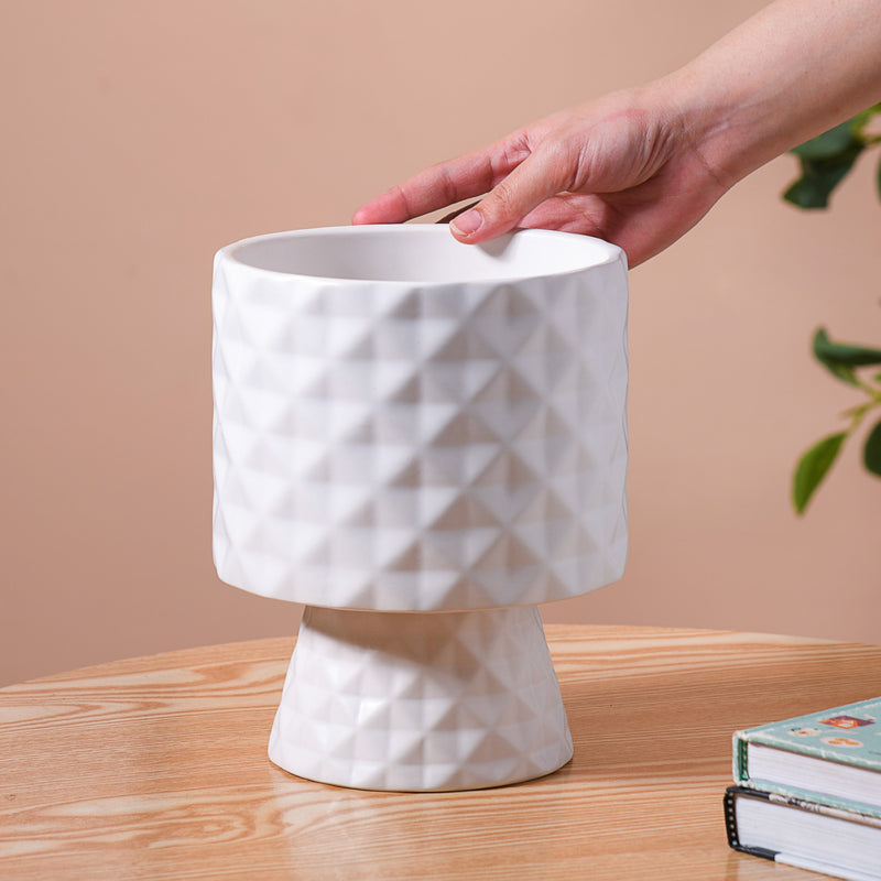 Diamond Textured Ceramic Vase White- Textured Pot, Ceramic Flower Pot, White Flower Pot, Textured Ceramic Planter, Decorative Flower Pot