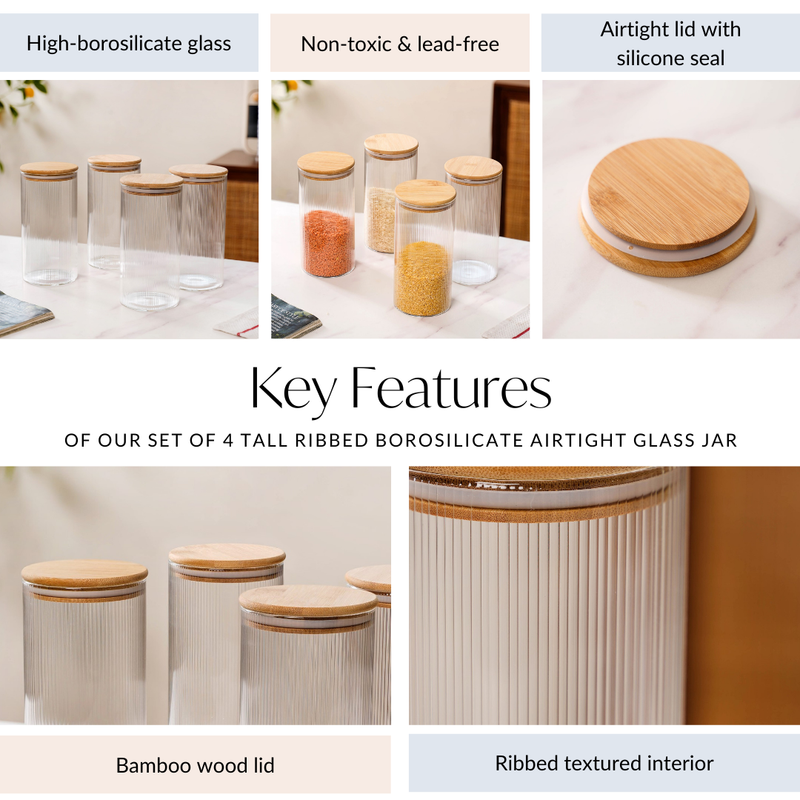 Set Of 4 Tall Ribbed Borosilicate Airtight Glass Jar 1500ml