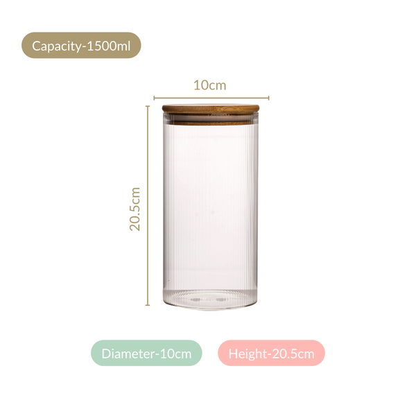 Set Of 4 Tall Fluted Borosilicate Airtight Glass Jar 1500ml