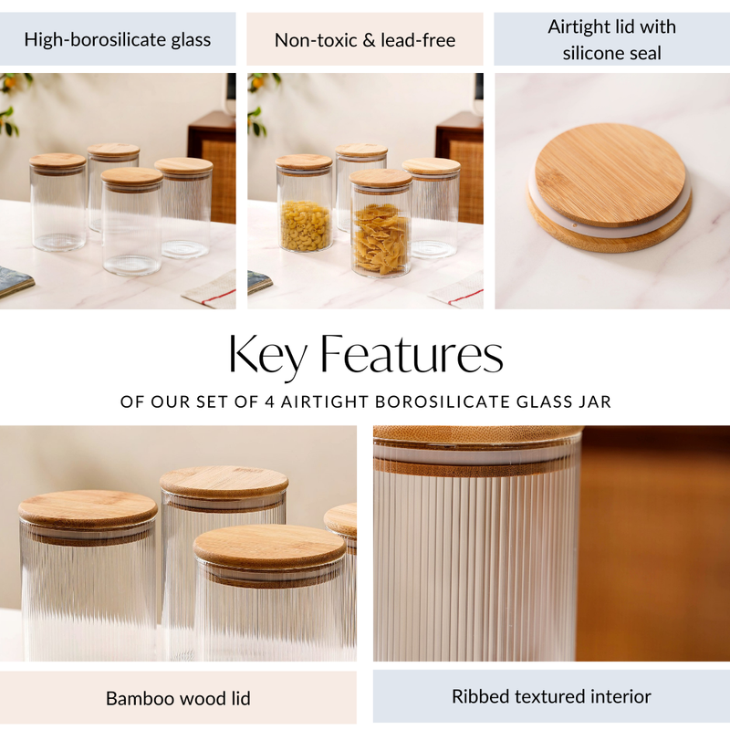 Set Of 4 Airtight Borosilicate Glass Jar 1100ml