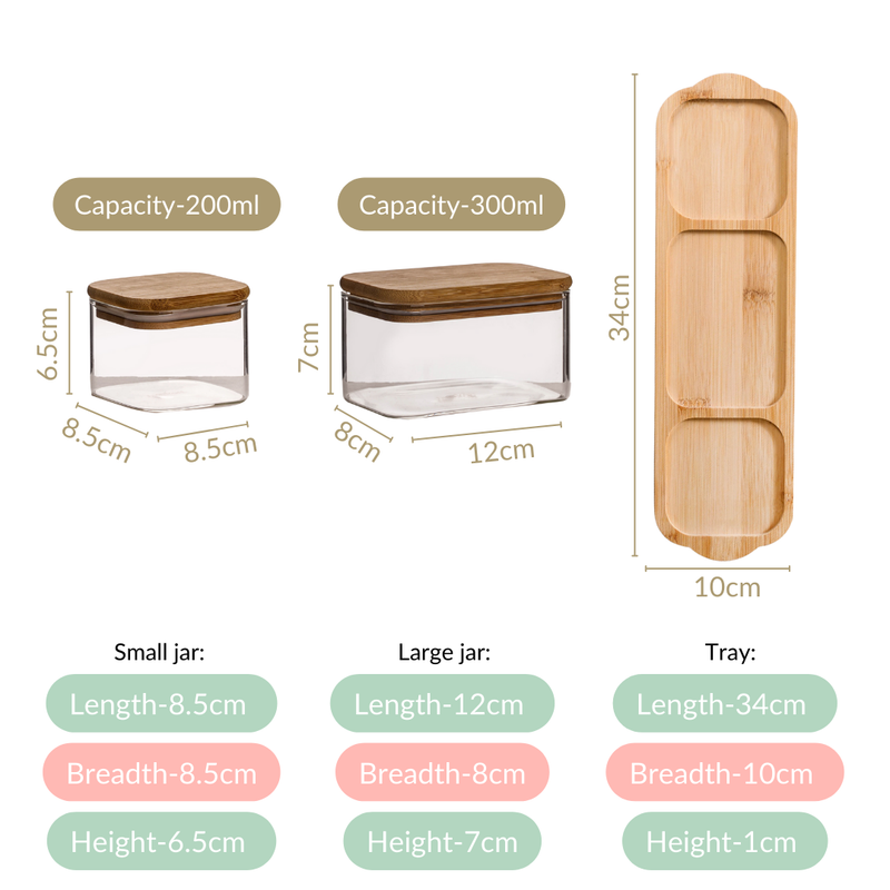 Set Of 3 Borosilicate Glass Spice Jars With Tray