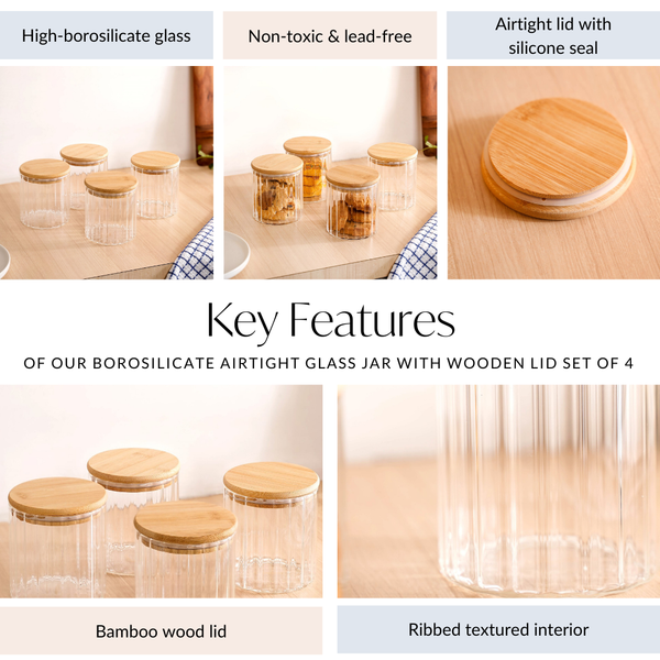 Borosilicate Airtight Glass Jar With Wooden Lid Set Of 4 Ribbed Design 610ml