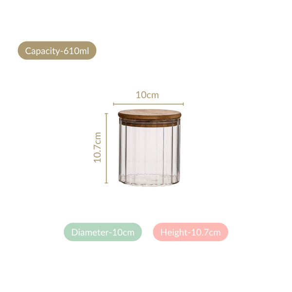 Borosilicate Airtight Glass Jar With Wooden Lid Set Of 4 Ribbed Design 610ml