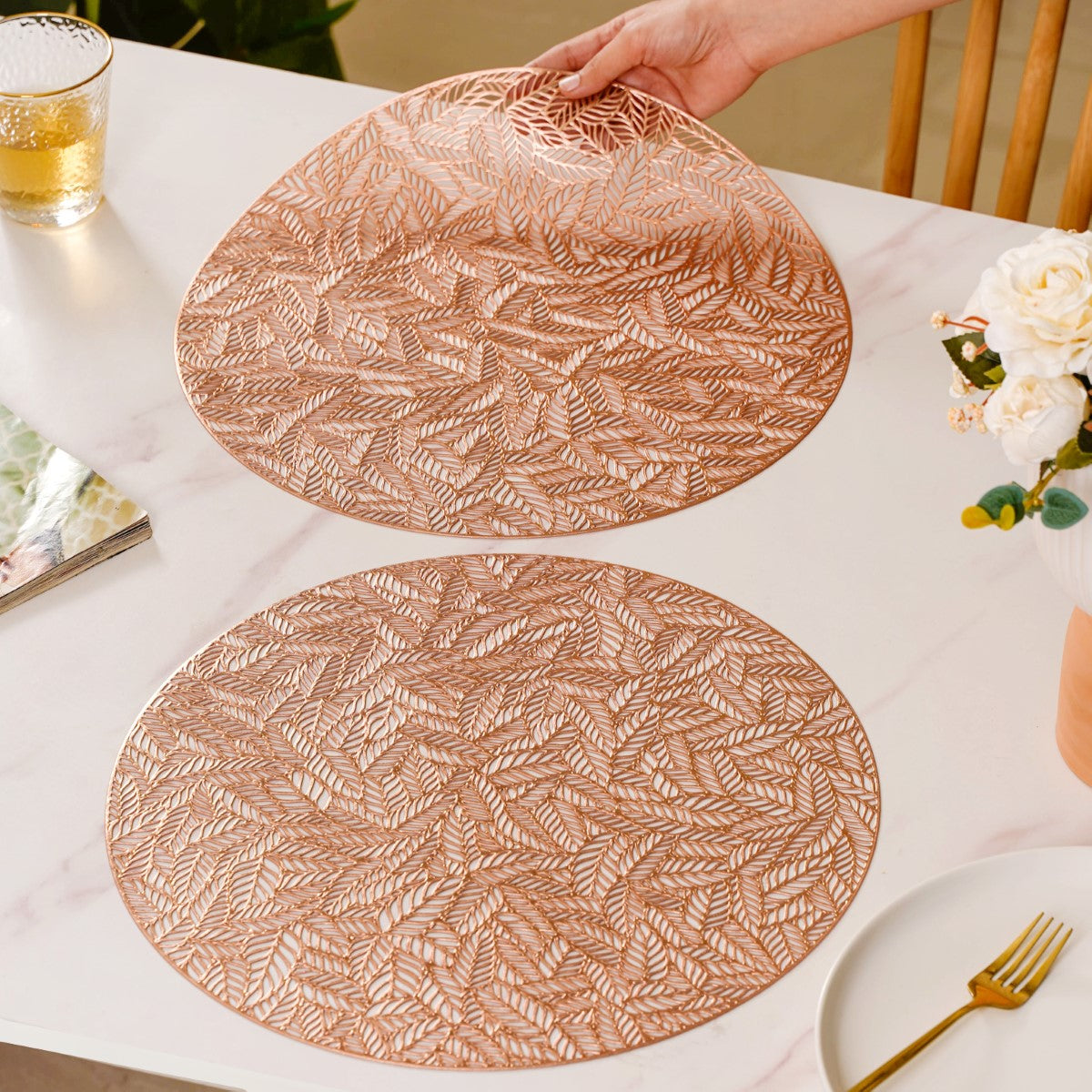 Round Rose Gold Cutwork Table Mat Set Of 6 Online - Premium Table Mat ...