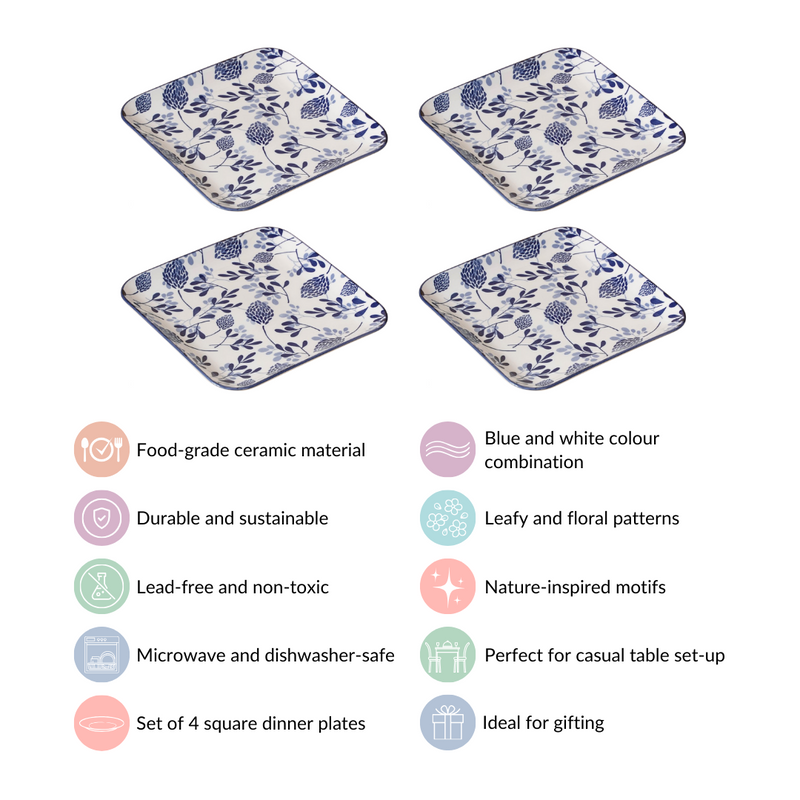 Set Of 4 Blue Ceramic Square Dinner Plates 9x9 Inch - Dinner plates, ceramic plates, ceramic dinner plates, dinner plate set, square plates