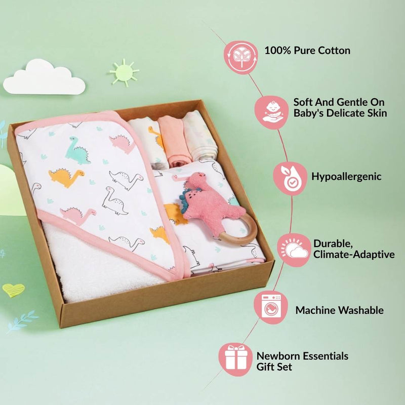 Dino Baby Hamper With Swaddle Towel Napkin Rattle Set Of 6