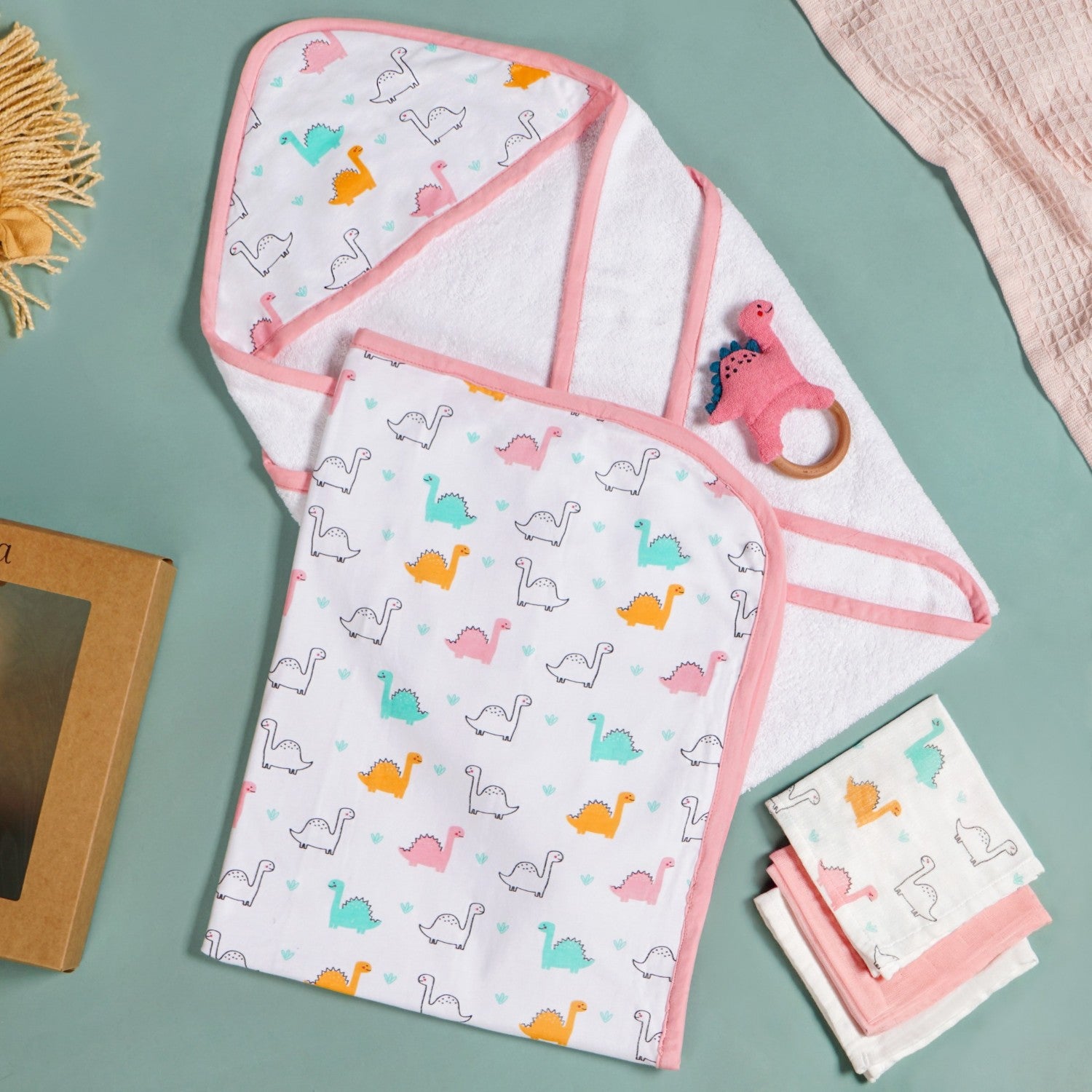 Dino Baby Hamper With Swaddle Towel Napkin Rattle Set Of 6