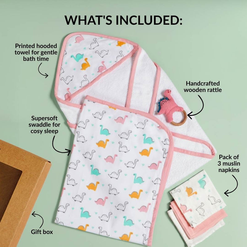 Dino Baby Hamper With Swaddle Towel Napkin Rattle Set Of 6
