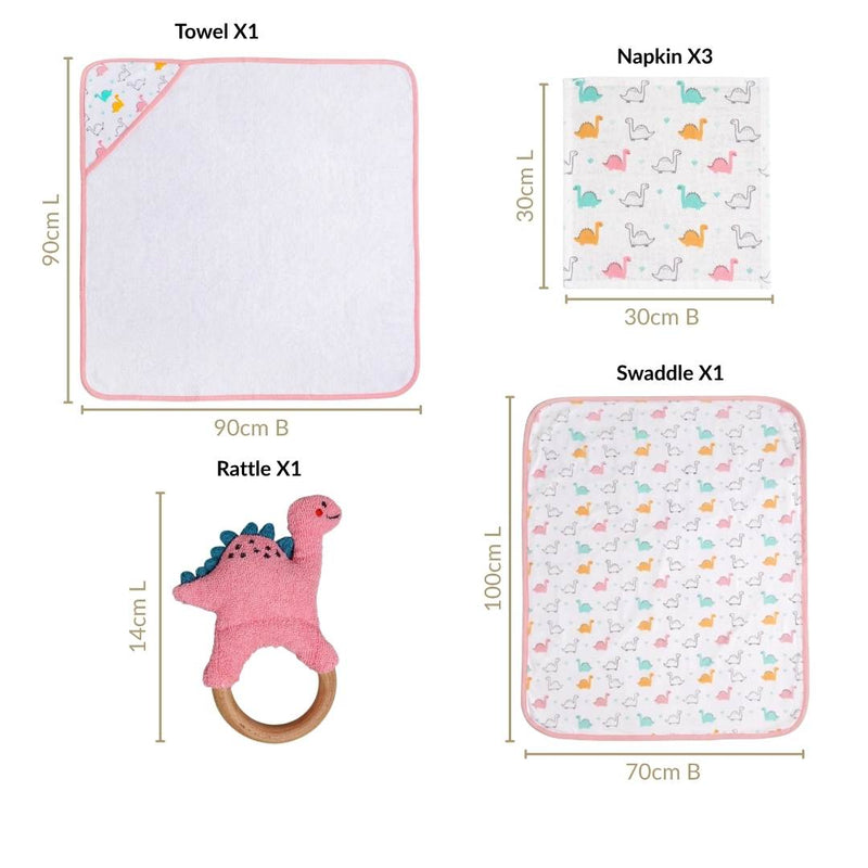 Dino Baby Hamper With Swaddle Towel Napkin Rattle Set Of 6