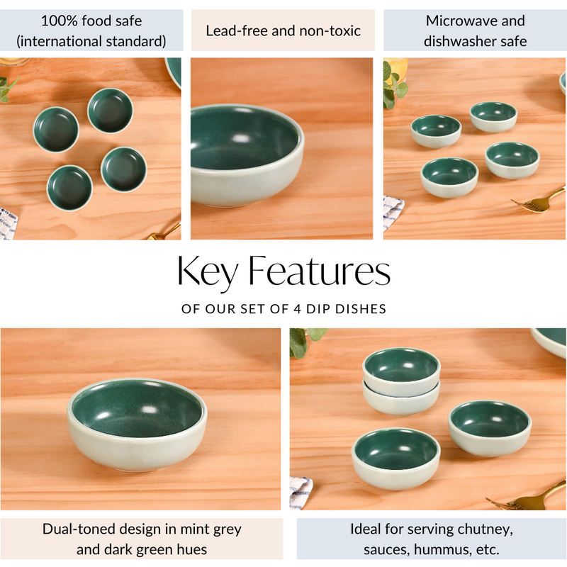 Set Of 4 Green Zoella Dip Dishes 100ml - Dip bowls, mini bowls, ceramic dip bowls, mini bowls, sauce bowls, condiment bowls